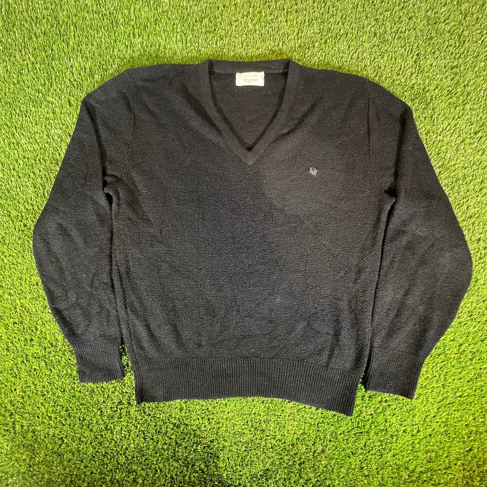 VINTAGE Christian Dior Sweater Mens XL Black V Neck Pullover Made USA 80s
